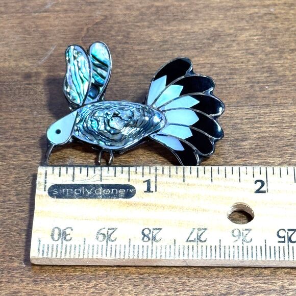 Vintage German Silver Hummingbird Brooch Pin with Abalone and Red & White Shell - Picture 3 of 5